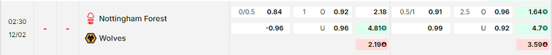 Bảng kèo mới nhất trận Nottingham vs Wolves